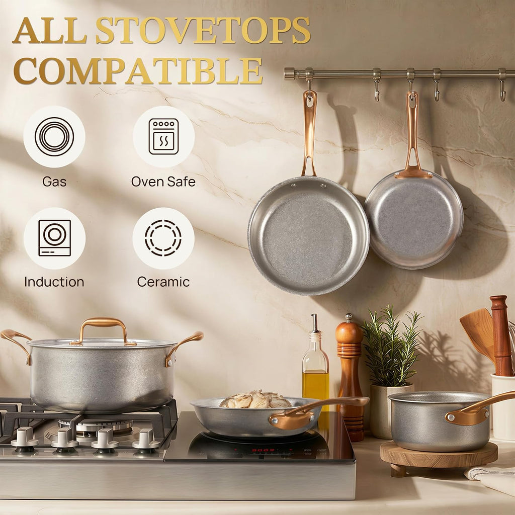 Pots and Pans Set 8 Pcs, Vintage Stainless Steel Cookware Set | Non-Toxic, PFOA/PFOS/PTFE Free, Kitchen Cooking Set