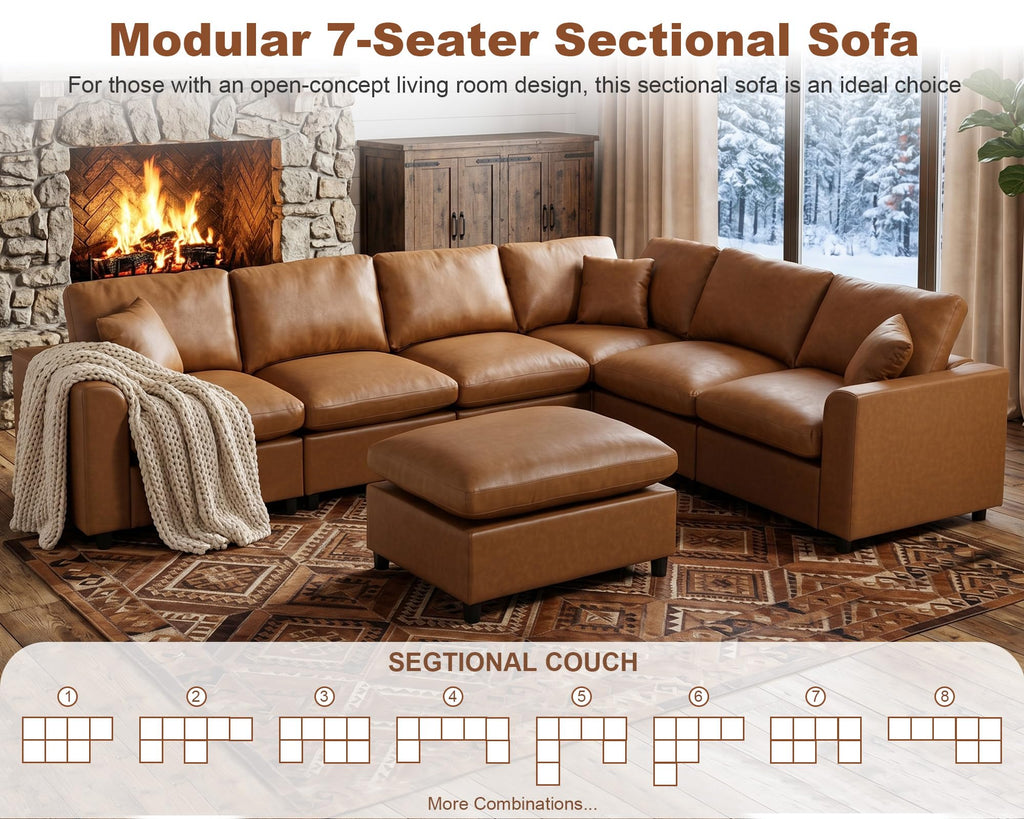 Oversized Leather Modular Sectional Sofa, Brown