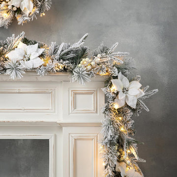 2PCS 9ft Christmas Garlands with Lights, Pre-Lit Snow Flocked Greenery Garlands Poinsettia Pine Garlands with 50 Warm
