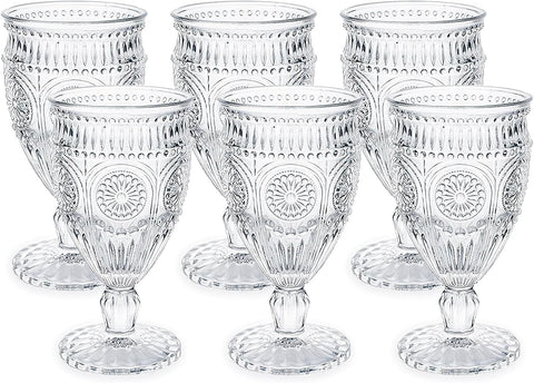 Vintage Goblet Glasses Set of 6, 10 oz Heavy-Duty Pressed Glass Water or Wine Glasses with Ornate Design for Dining