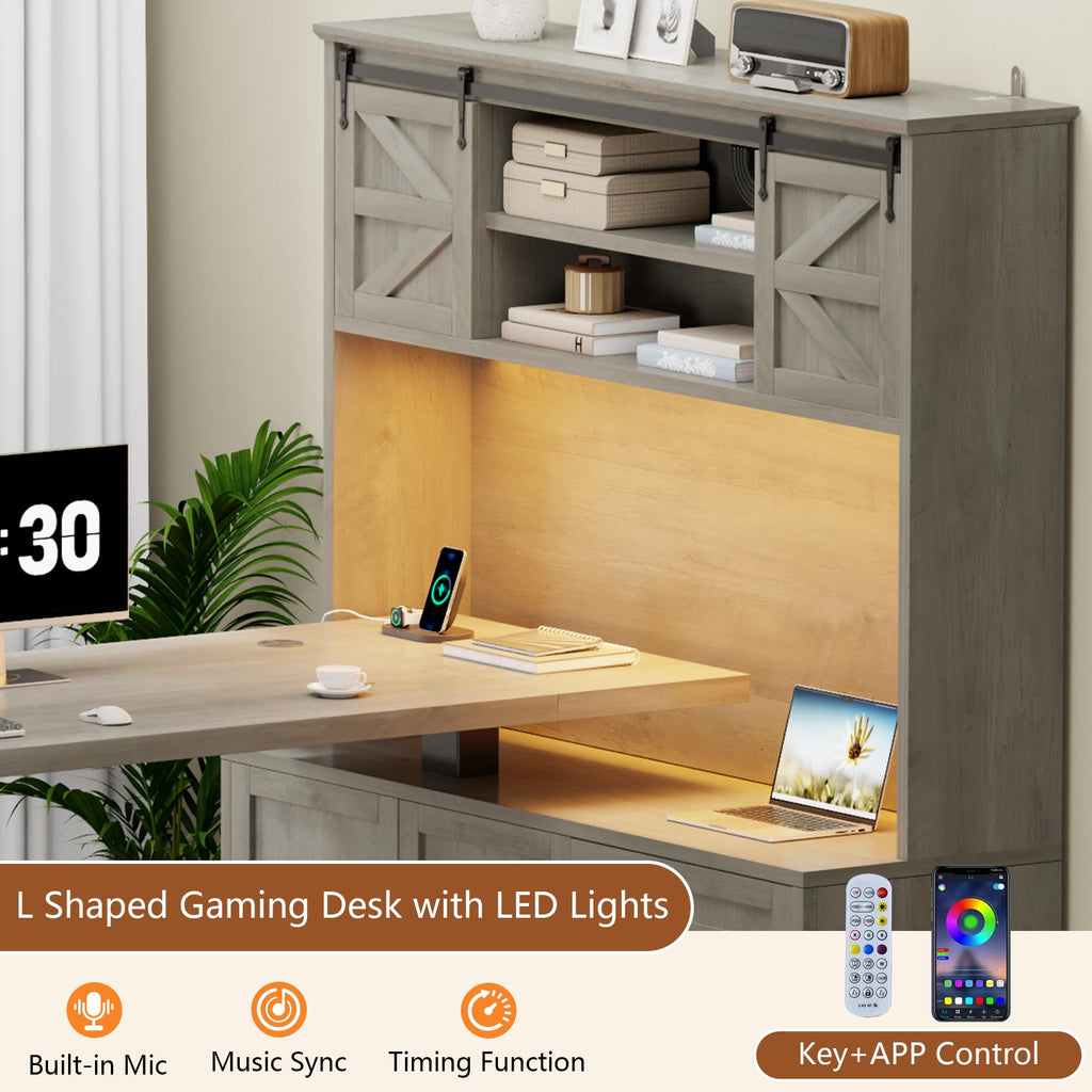 71" LED L Shaped Standing Desk with Hutch and Drawers Grey