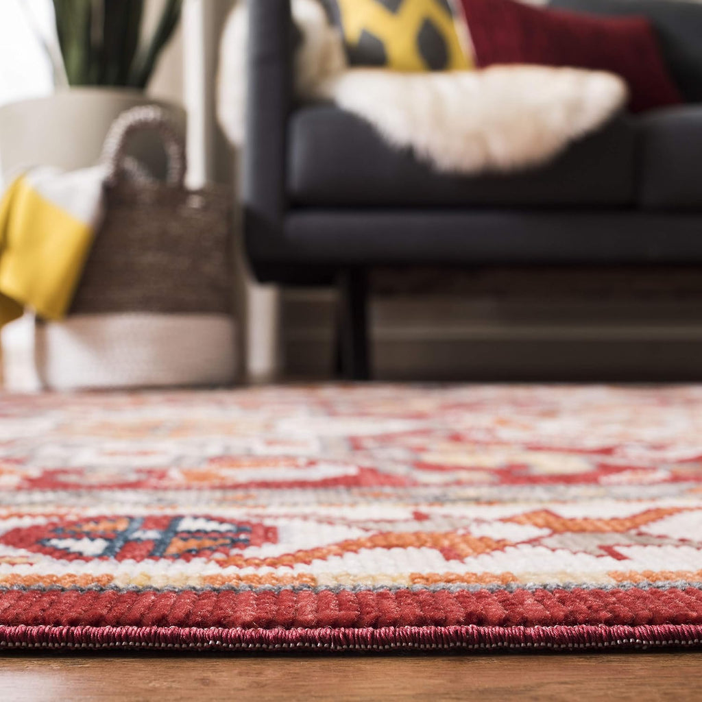 Area Rug - Farmhouse Collection - Large - Ivory & Red, Oriental Tribal Tassel Design, Non-Shedding & Easy