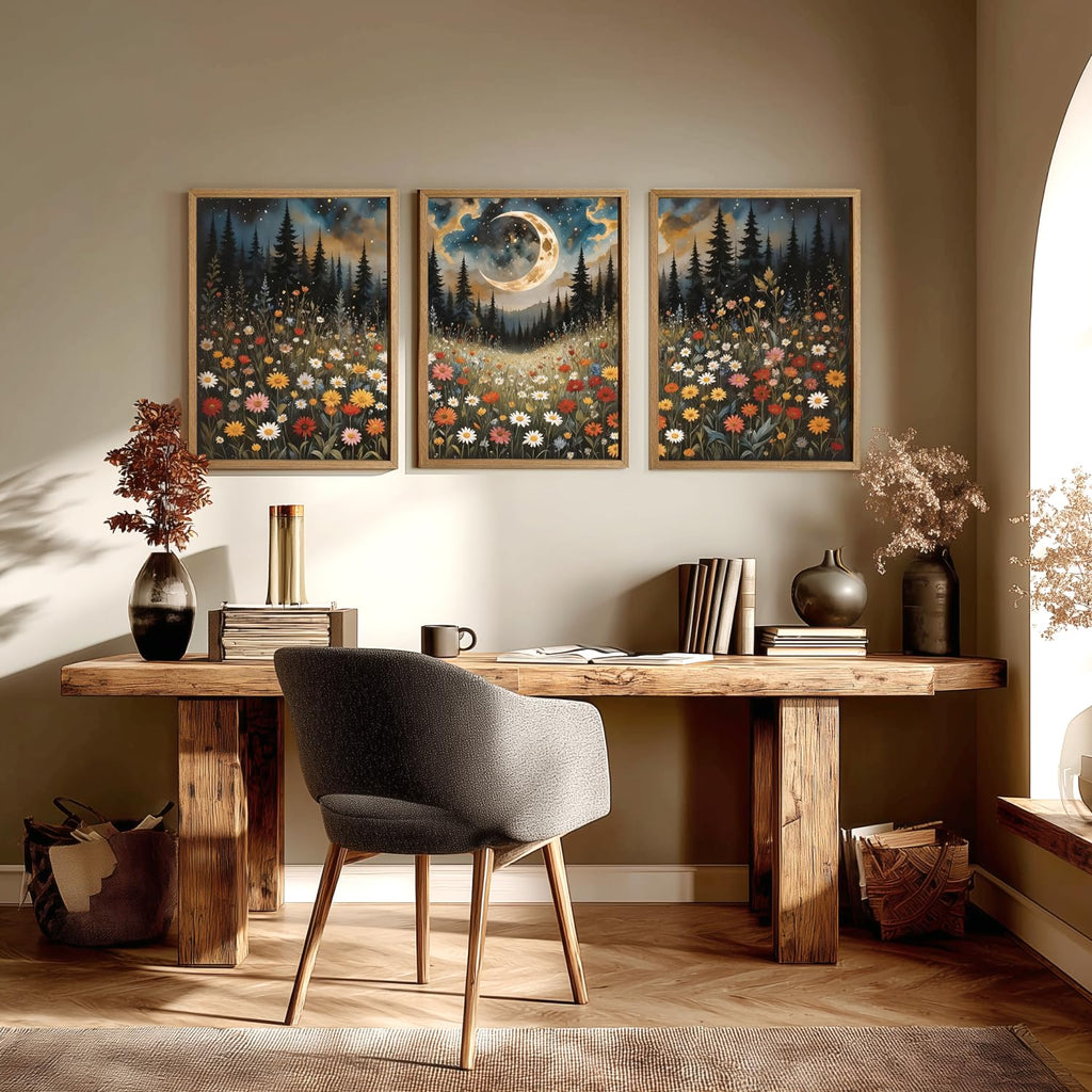 Boho Wildflower Wall Art, Moon Forest Wall Decor, Rustic Mountain Landscape Flower Art Prints, Mystical Starry Night