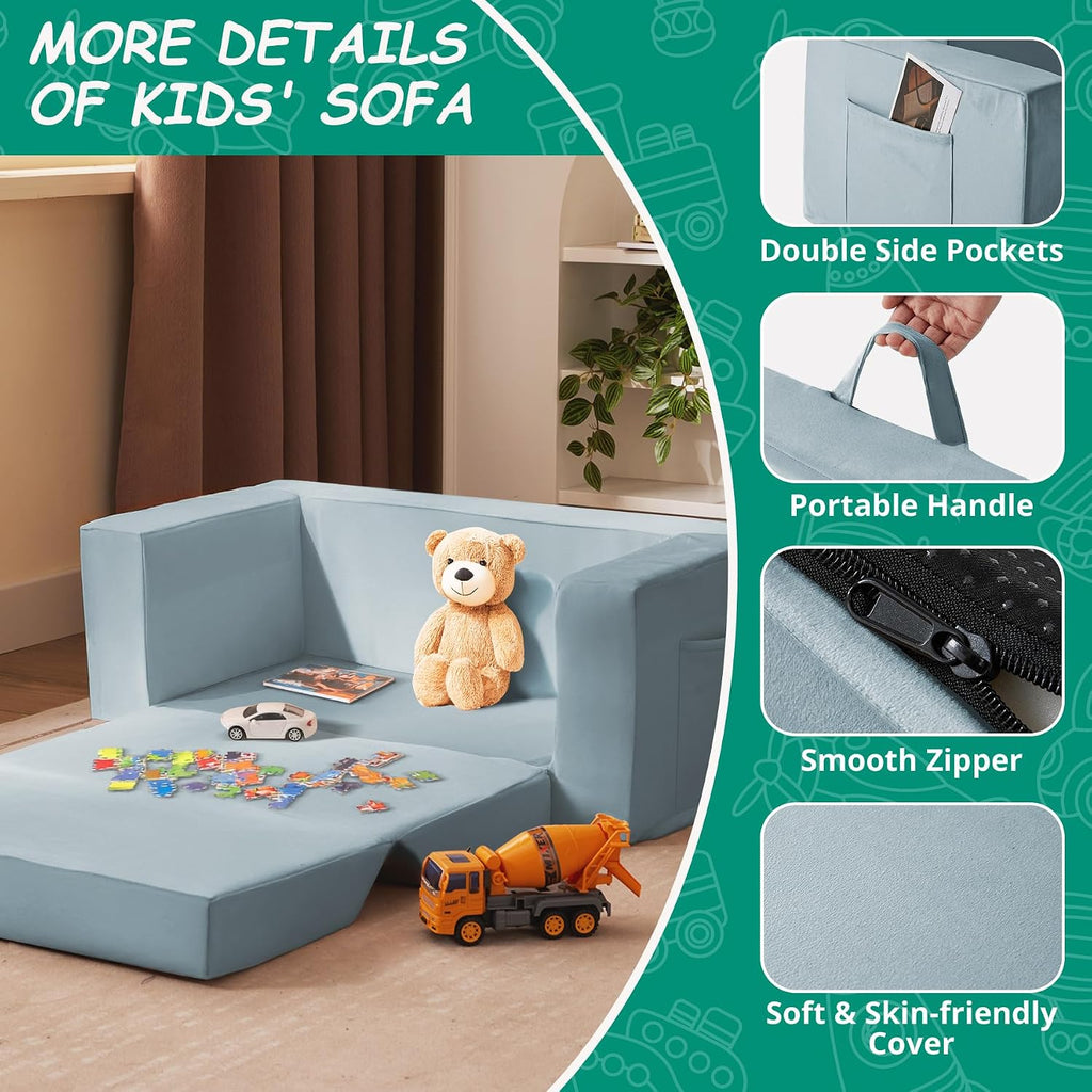 Toddler Couch Chair, Extra Wide Foldable Kids Chairs Comfy, Blue
