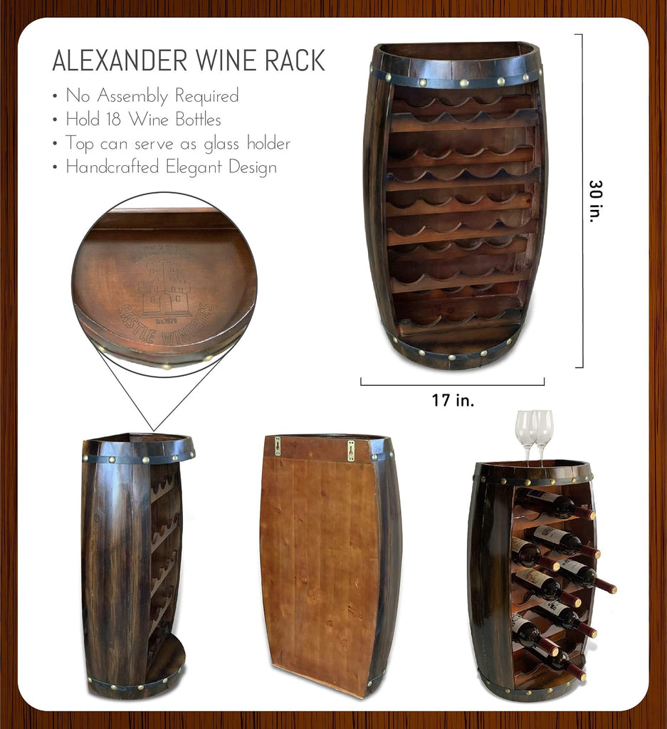 Alexander Wooden Barrel Wine Rack - 18 Bottles Wine Storage Rack, Wooden Rack Free Standing, Liquor Bar Shelf, Rustic