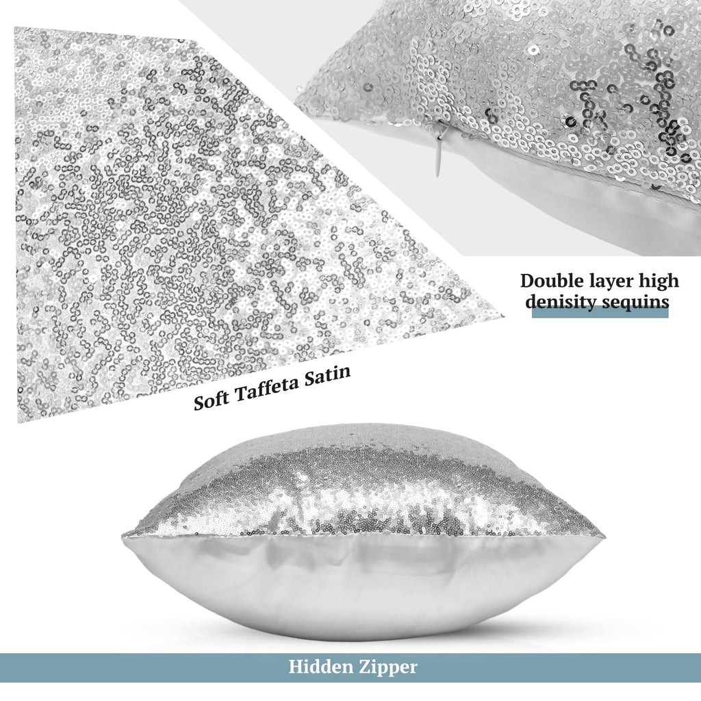 4 Pcs Sequin Fluffy Pillow, Silver, Gray, 18 x 18 Inch