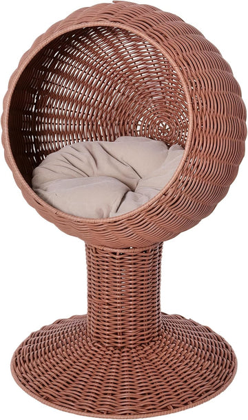 Elevated Cat Bed with Rotatable Egg Chair Pod, Cat Basket Bed with Thick Cushion, Natural Mat Grass Woven Kitty