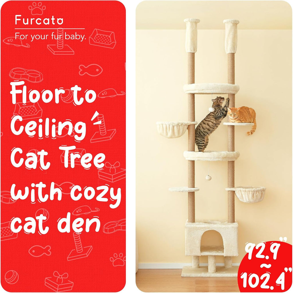 Cat Tree, Floor to Ceiling Cat Tower Adjustable Height [92.9-102.4 in=235-258cm], 7 Tiers Cat Climbing Play House