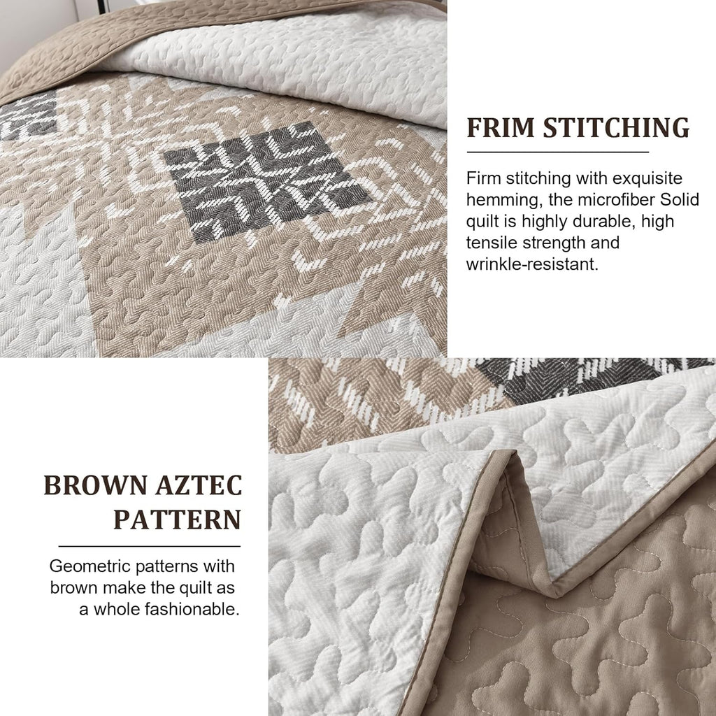 Brown Boho Quilt Set Queen,3 Pieces Aztec Texture Quilt with 2 Pillowcases,Bohemian Geometric Bedspread Bedding Set