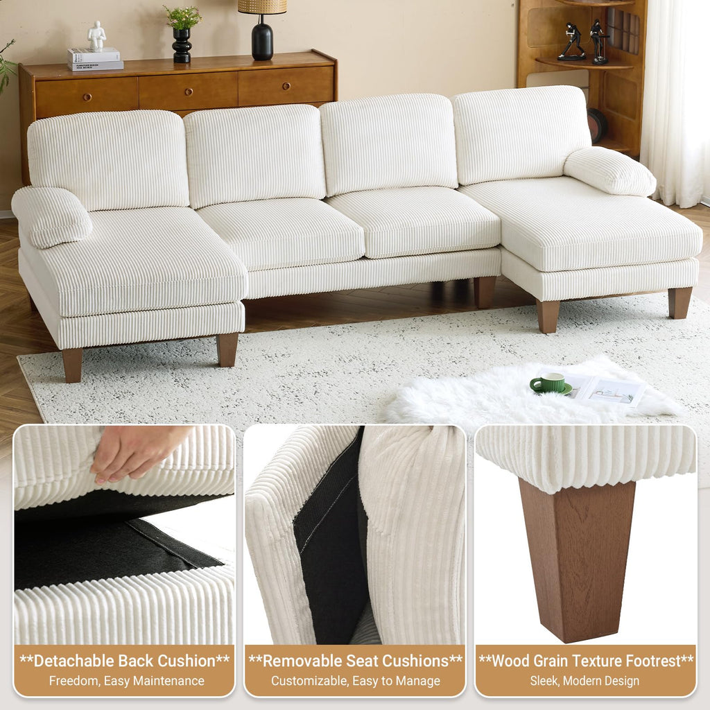 110' U Shaped Comfy Sectional Couch, Double Chaise Sofa in Corduroy Fabric, 4-Seater Upholstered Couch with Memory