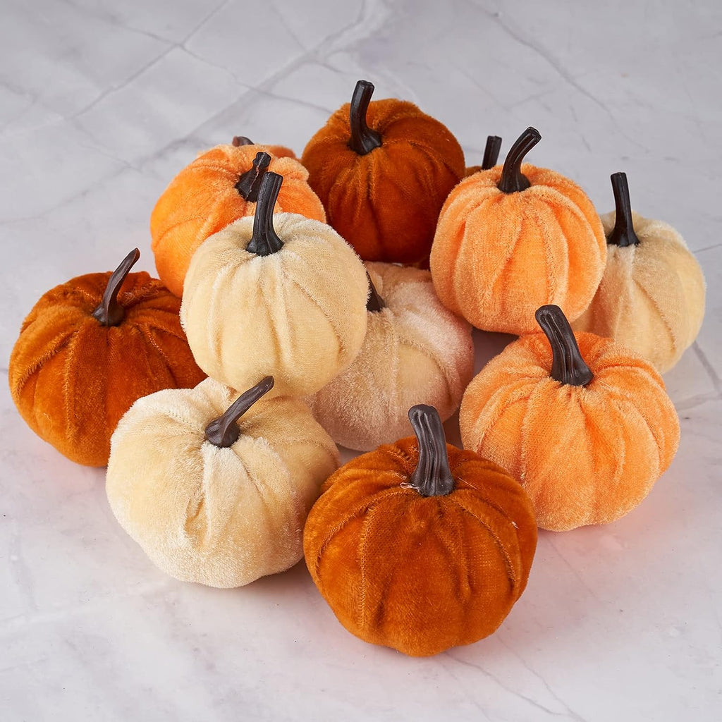 Pumpkin Decor Artificial Velvet Fall Thanksgiving Decoration - Set of 12
