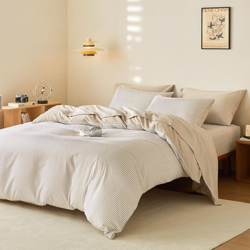 Striped Comforter Set with Sheets, Ticking Stripe Vertical Pinstripe Neutral Farmhouse Pattern Printed, 7 Pieces Bed