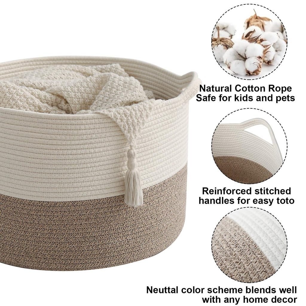 Large Woven Blanket Basket,65L Cotton Rope Laundry Basket