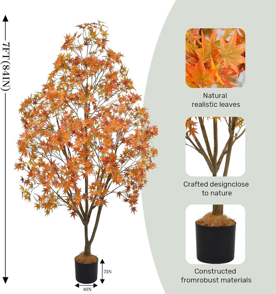 7ft Artificial Maple Tree, Large Potted Faux Tree with Sturdy Thick Trunk & Realistic Maple Leaves, Fake Floor Plant