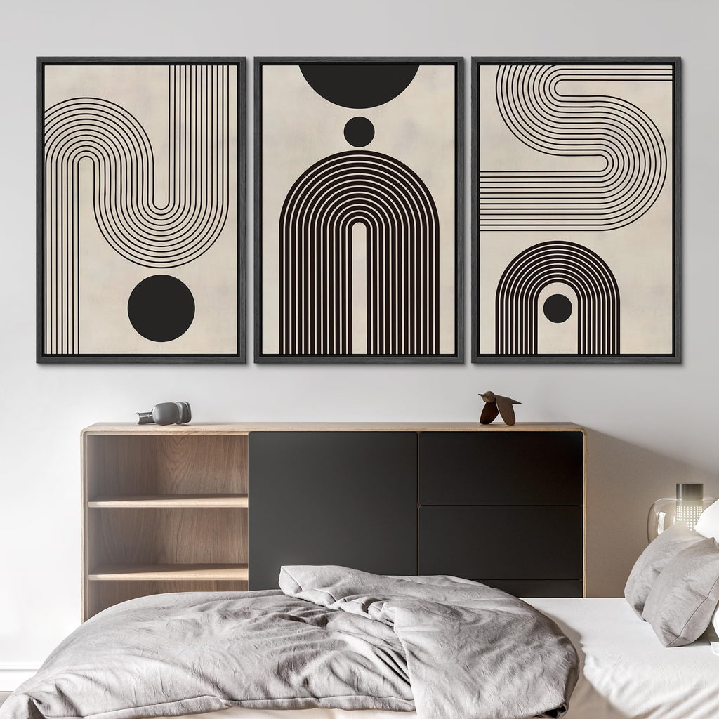 Framed Canvas Print Wall Art Set Duotone Geometric Black & White Polygons Abstract Modern Art Geometric Zen