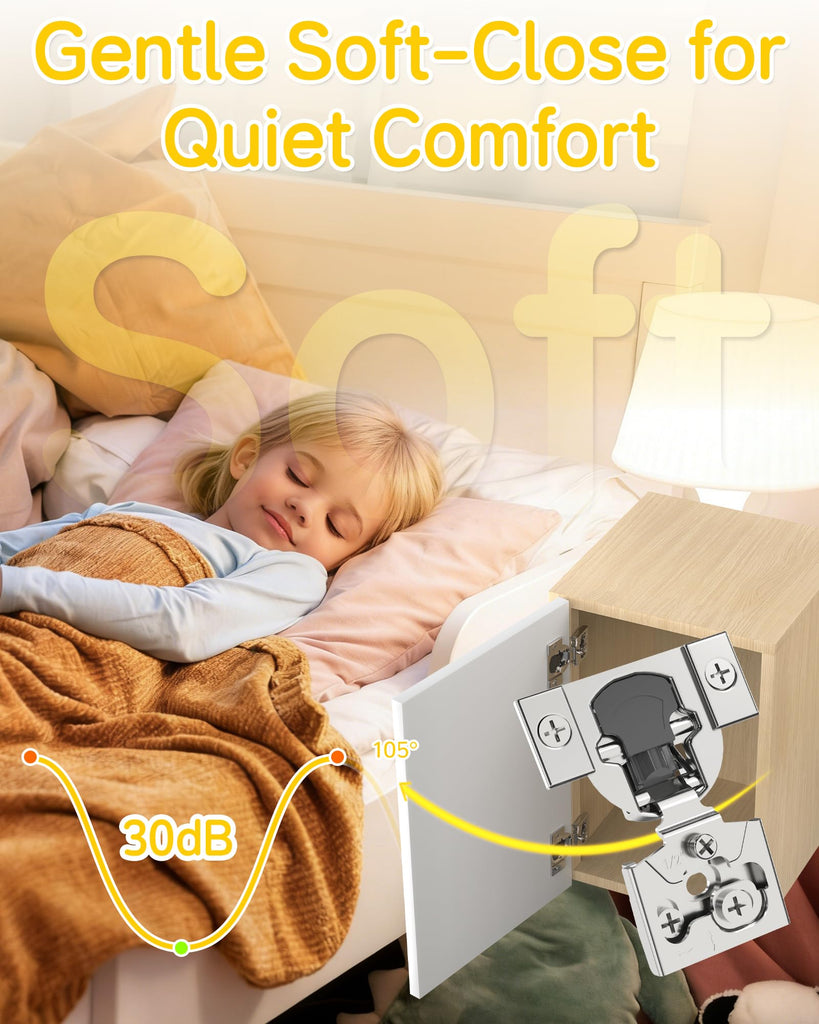 60 Pack 1/2" Overlay Face Frame Soft Close Cabinet Hinges, 105° Concealed Hinge, Smooth Slow Self Closing, 3D