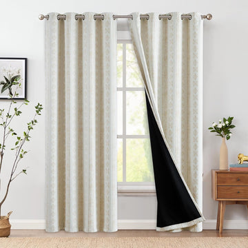 95% Blackout Boho Curtains 84 Inch Longes for Bedroom Beige Geometric Printed Grommet Top Room Darkening Thermal