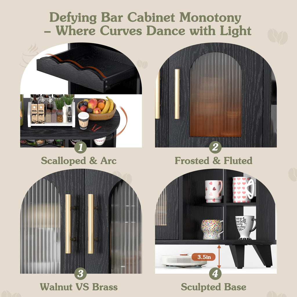Coffee Bar Cabinet with 24-Cup Display, Large Drawer & Storage, Modern Buffet Sideboard, Medium Wooden Bar Station