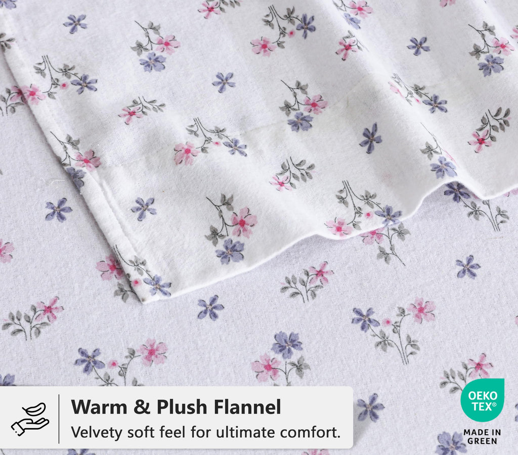 100% Cotton Flannel Sheets Cal King Size, 4 PCs Set, Blush Garden