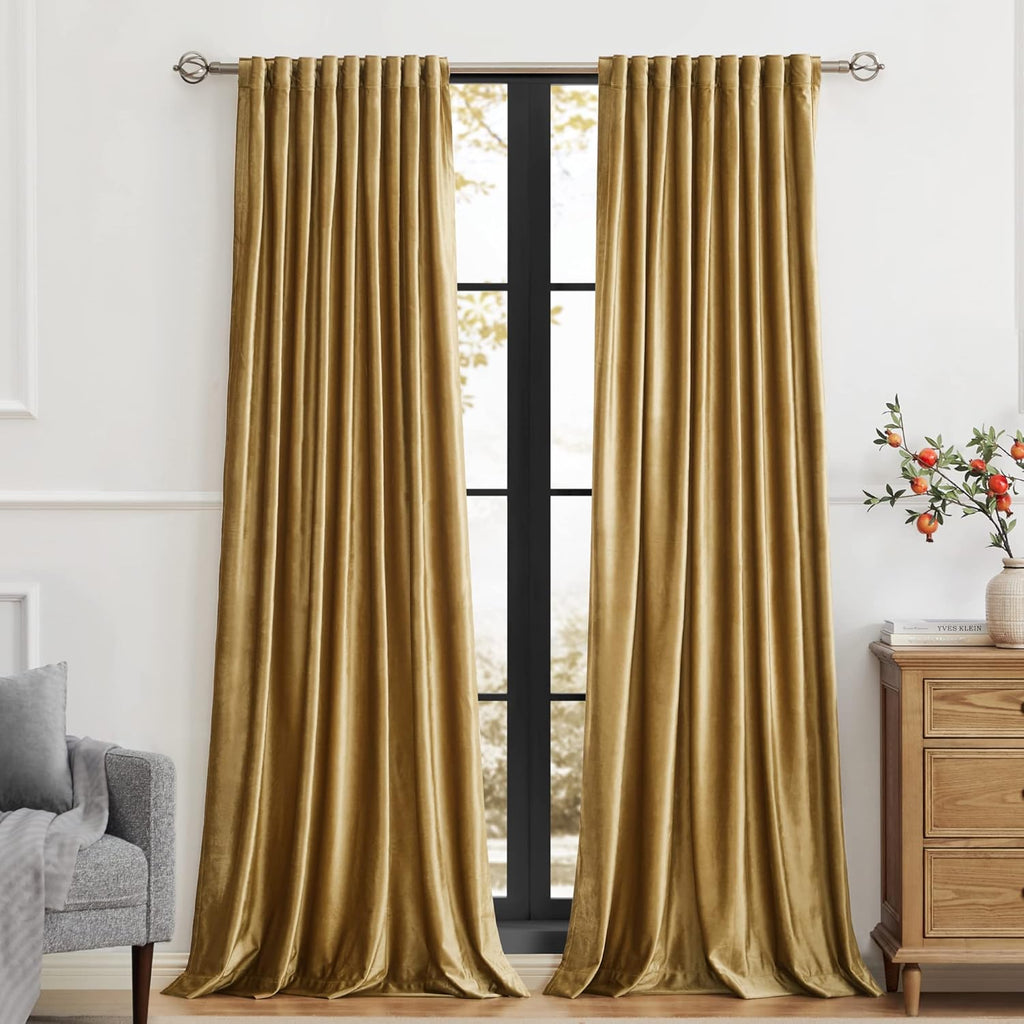100% Blackout Gold Velvet Curtains 84 inch Long,Elegant 2 Panels Back Tab Thermal Insulated Room Darkening Curtain