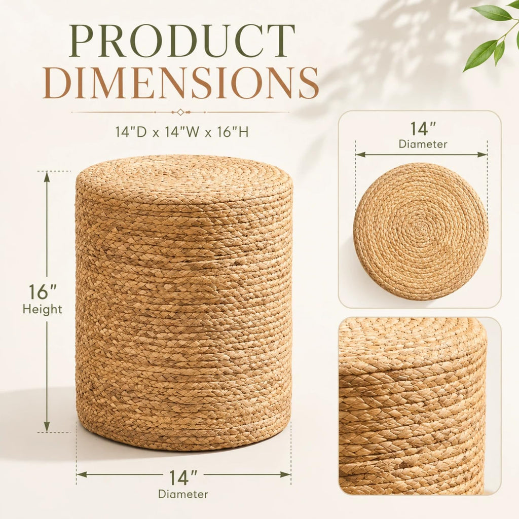 14inch Natural Water Hyacinth Round Pouf Ottomans Wood Frame Rattan Stool