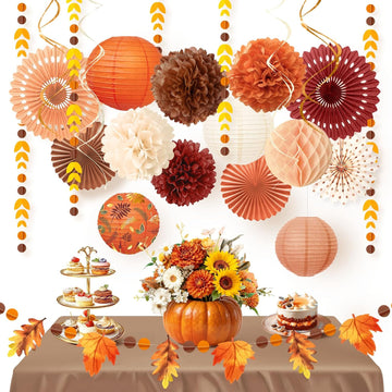 Fall Thanksgiving Decor with Pom Poms Lanterns Fans Garlands - Set of 21