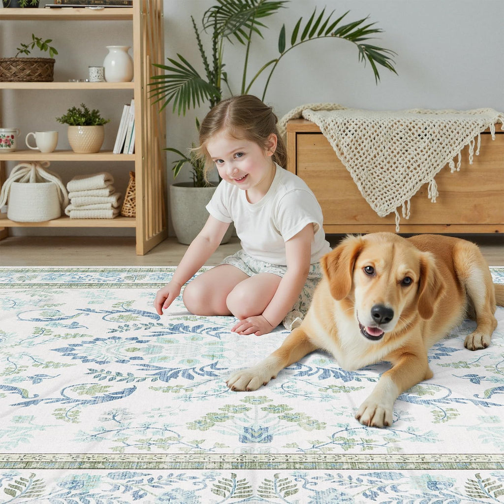 Green 8x10 Rug, Kid & Pet Friendly with Rubber Back Non Slip, Machine Washable Stain Resistant Botanical Floral Rug