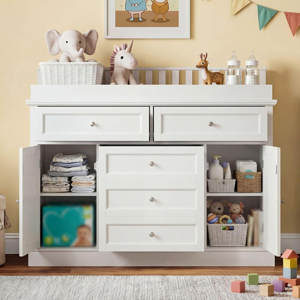46" Baby Dresser with Changing Table Top, White Dresser with Storage Drawers and Doors, Multifunctional Nursery Baby