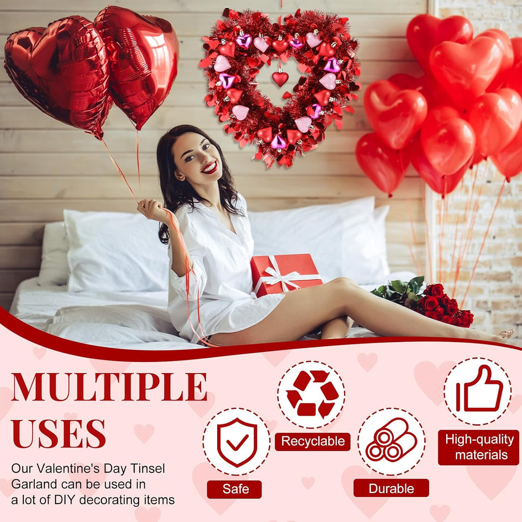 Valentines Wreath for Front Door Valentines Heart Shaped Tinsel Garland Hanging Heart Wreath Decor Birthday Wedding