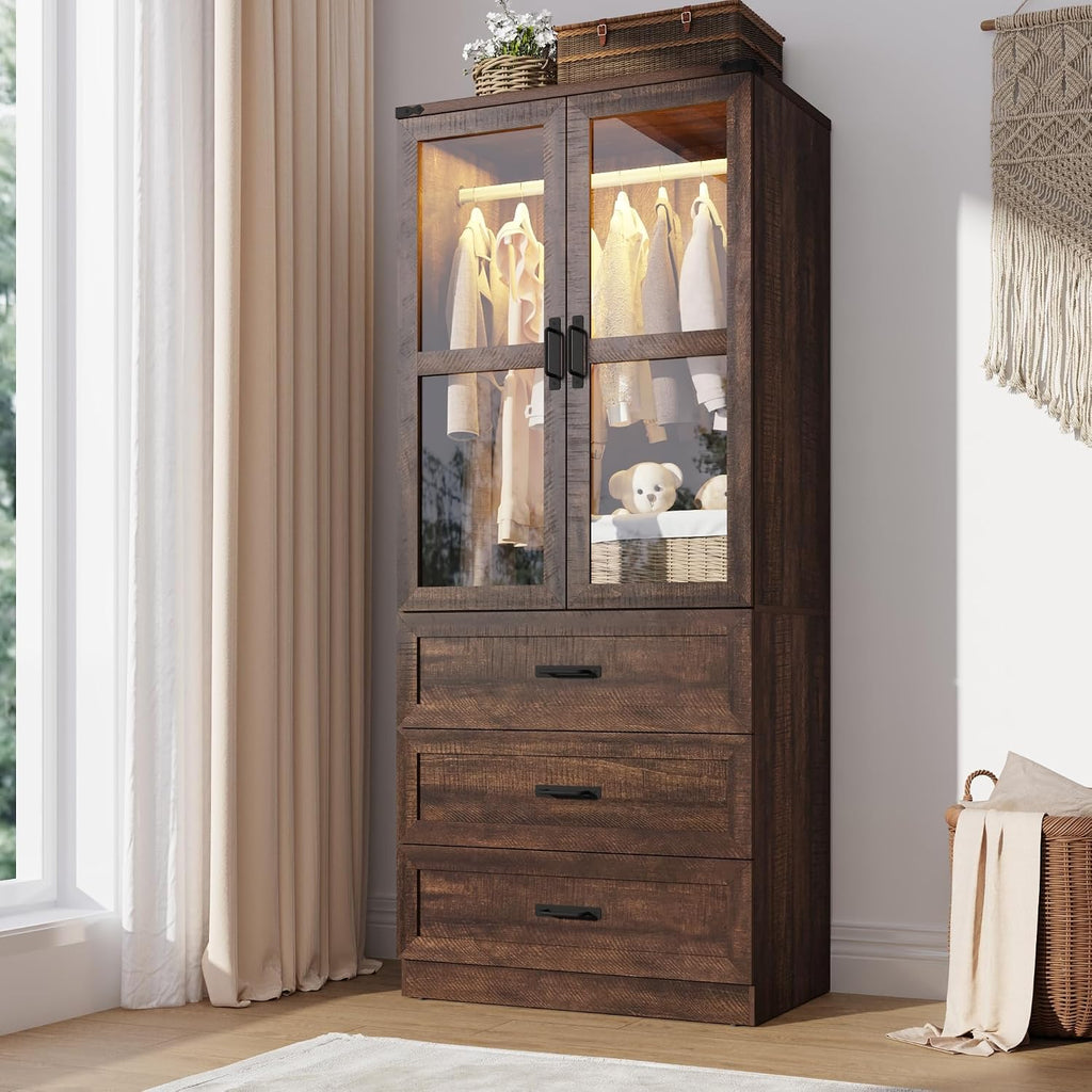 75" Tall Farmhouse 2 Doors Armoire Wardrobe Closet with 3 Drawers and LED,Freestanding Closet Wardrobe Cabinet with
