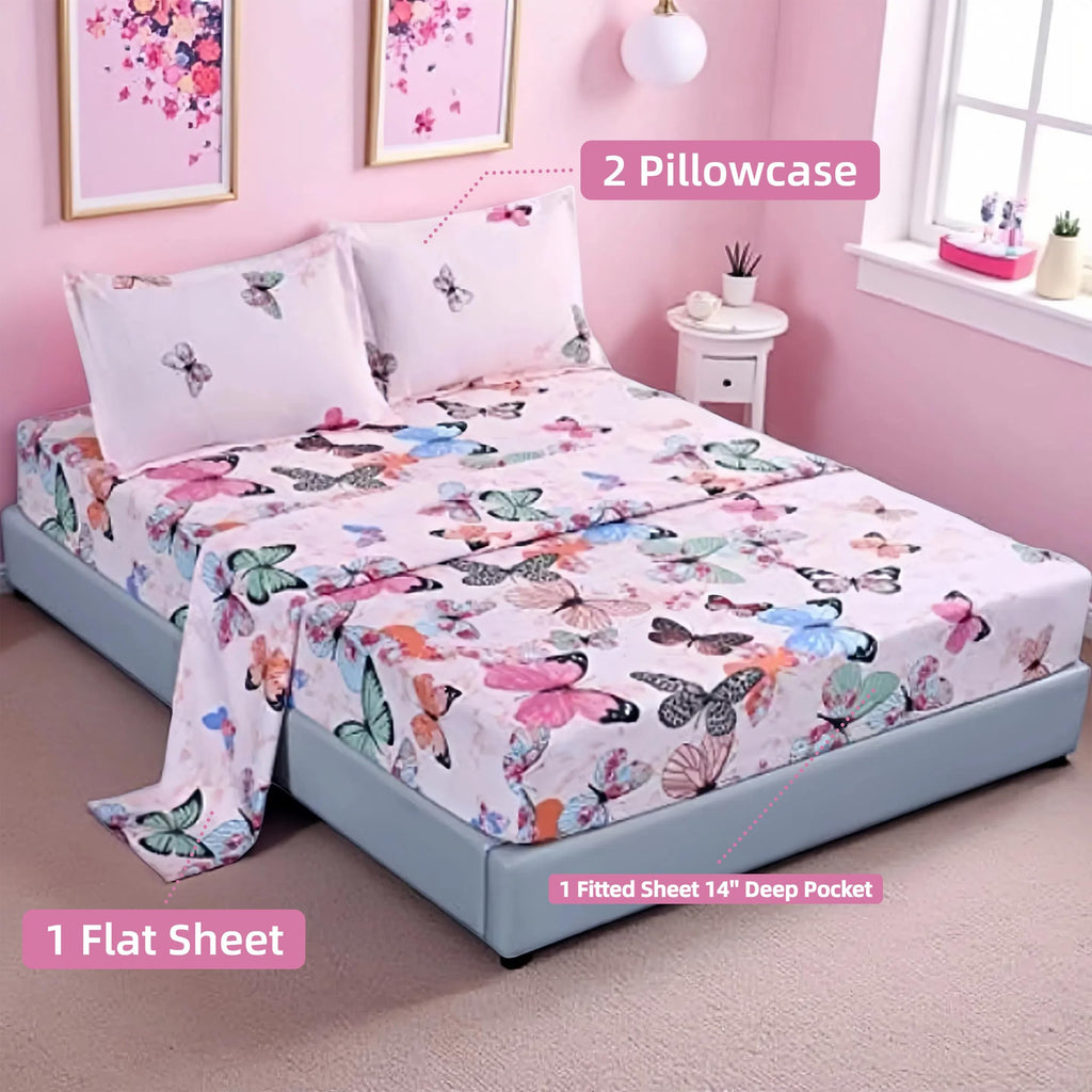 4Pcs Pink Microfiber Butterfly Queen Bed Sheet Set, Butterfly Bedding Set, 1 Flat1 Fitted Sheet with 2 Pillowcase, 14"