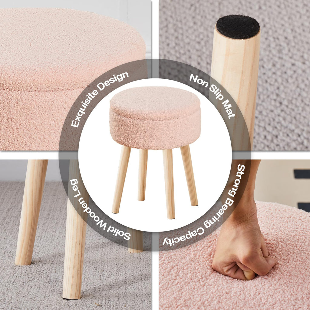 Storage Ottoman Foot Stool Teddy Velvet Round Vanity Stool Tray Top Footstool with Wood Legs Upholstered Foot Rest
