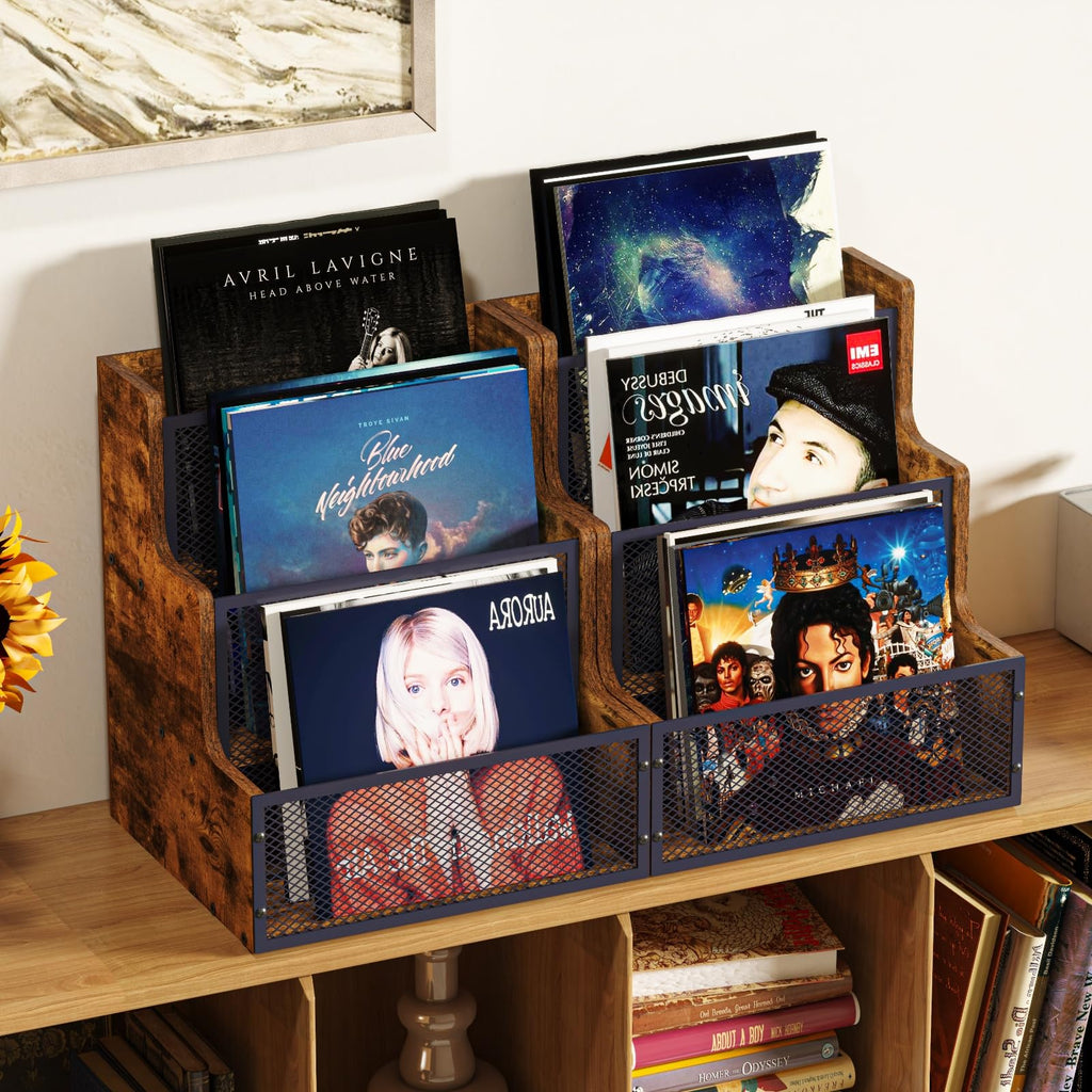 3-Tier Vinyl Record Storage Crate, Holds 60+ LP Albums, Retro Wood & Metal