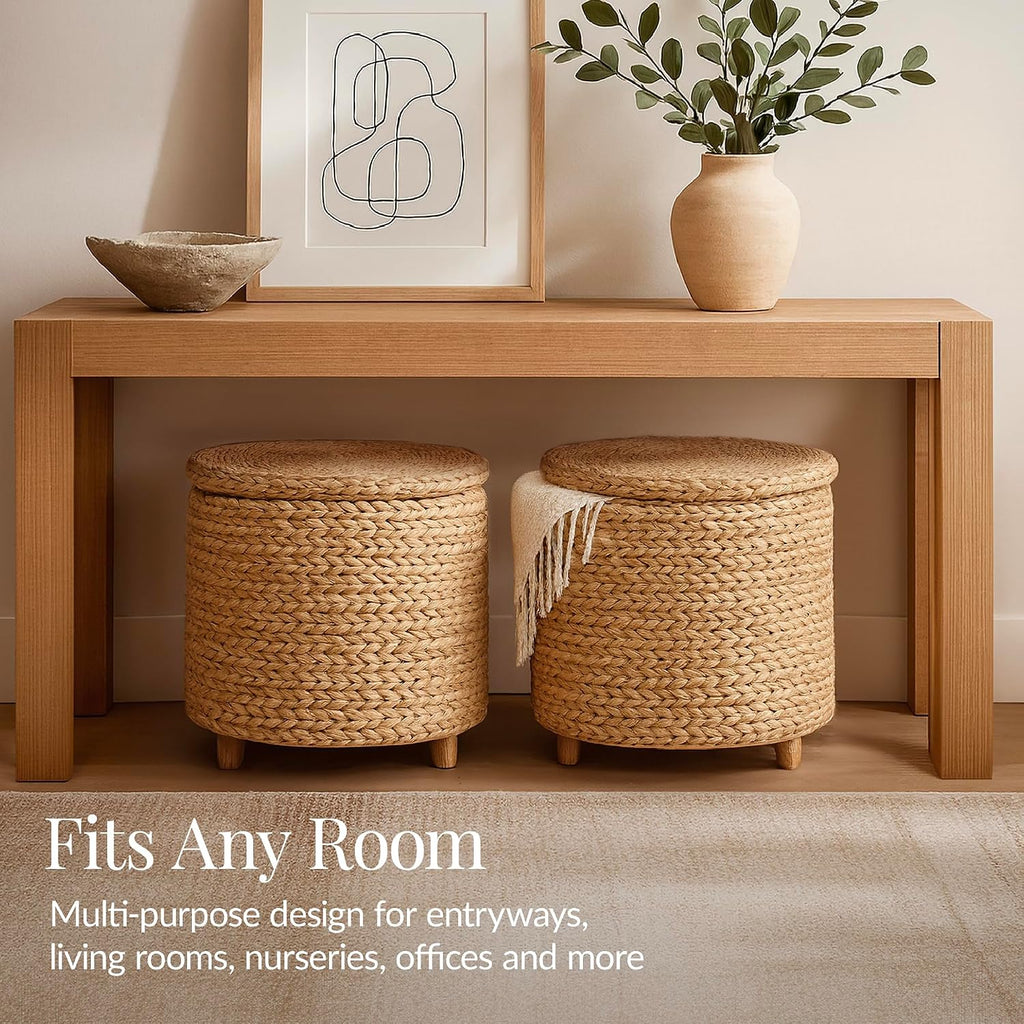 17" Round Storage Ottoman W/Lid, Handwoven Water Hyacinth Footstool, Footrest w/Wooden Legs, Accent Side Table