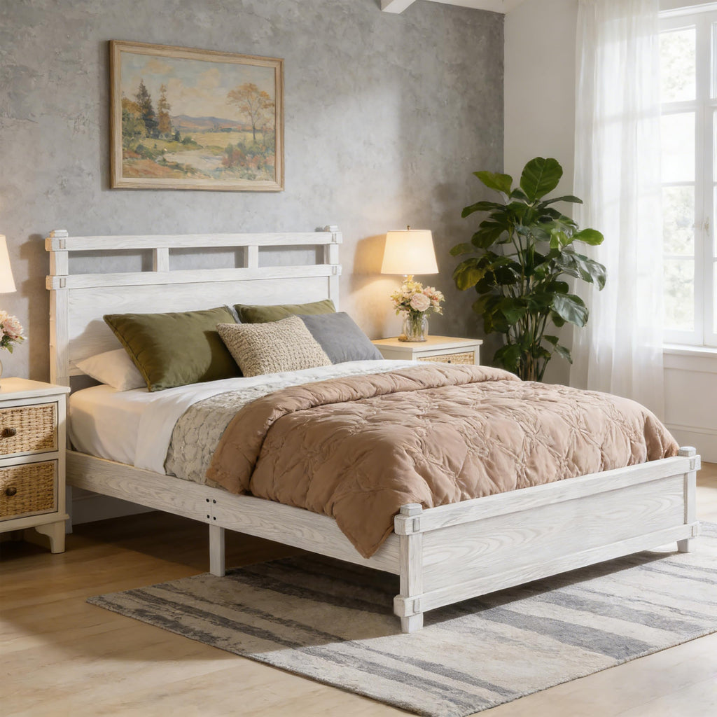 Laramie Farmhouse Bed Frame, Wooden Bed Frame with Two Tier Headboard and Wood Slat Support, Wood