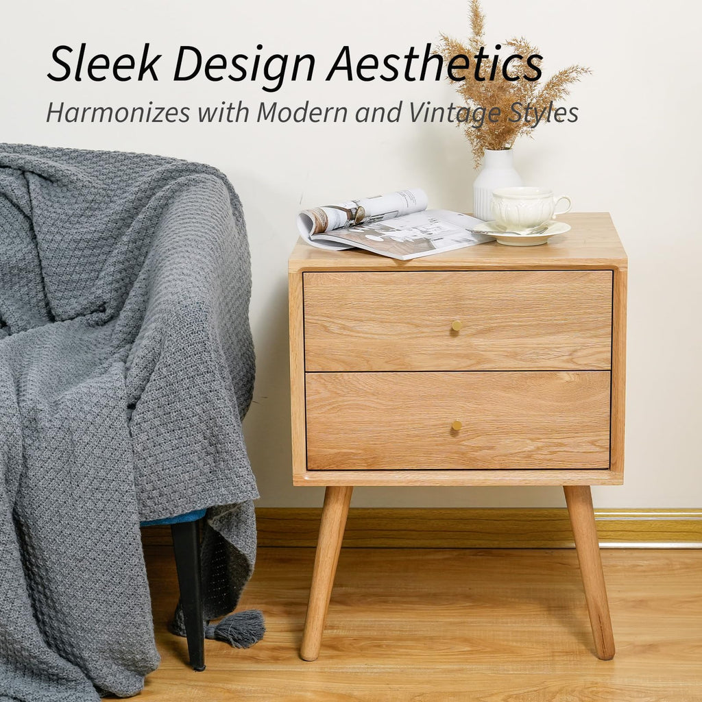 Night Stand, Midcentury Modern Solid Wood Nightstand with Drawer, Side Table with High Stool Leg, 25.98 H x 19.69 W x