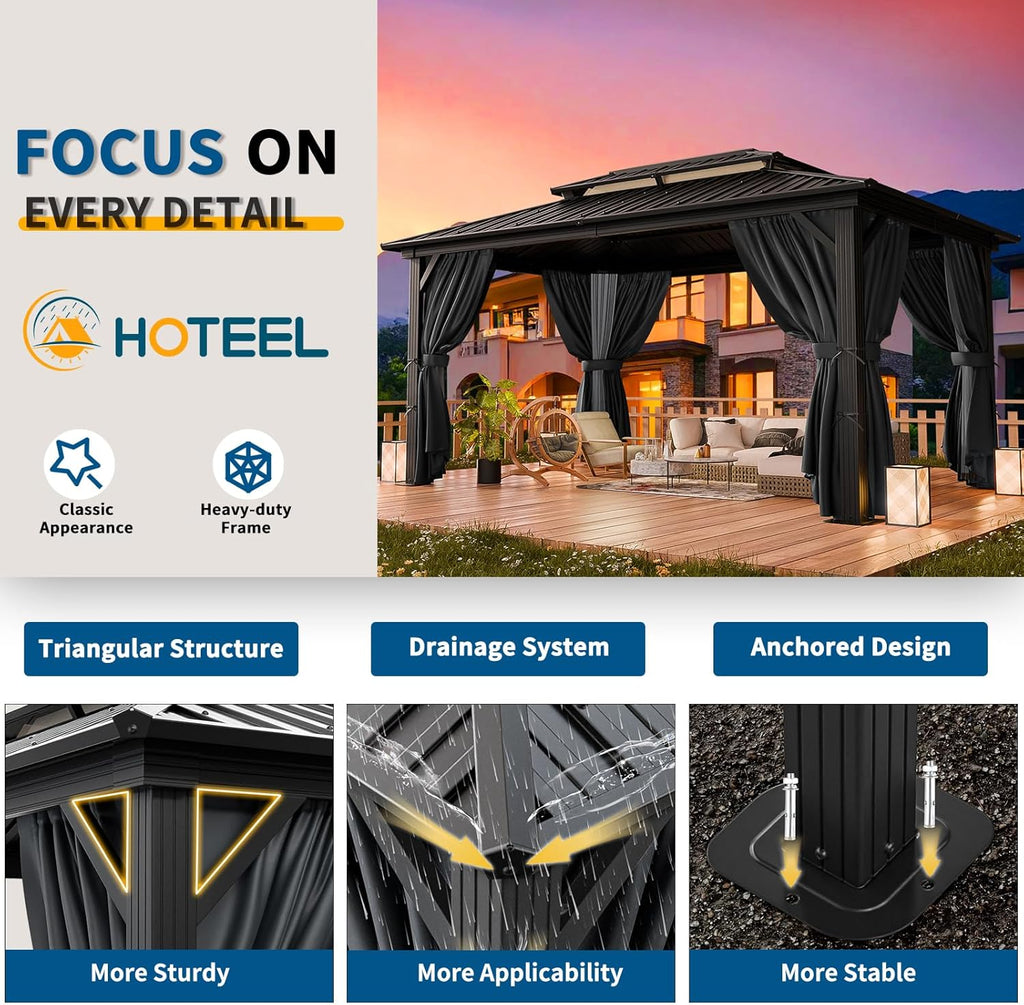 10x15 Hardtop Gazebo On Clearance with Heavy Duty Galvanized Steel Metal Roof - Black