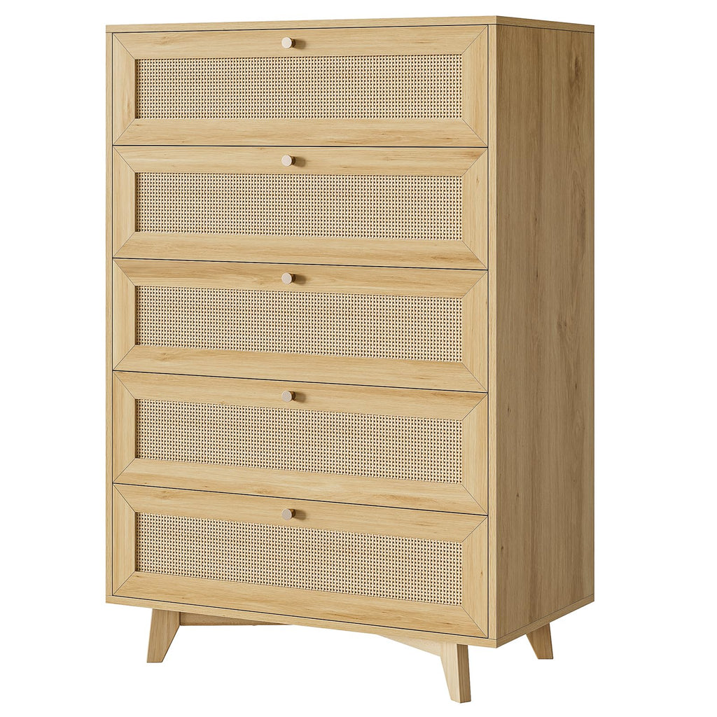 Rattan Dresser with 5 Drawer, Modern Double Wooden Tall Bedroom Dresser, Chest of Drawers with Metal Handle & Solid