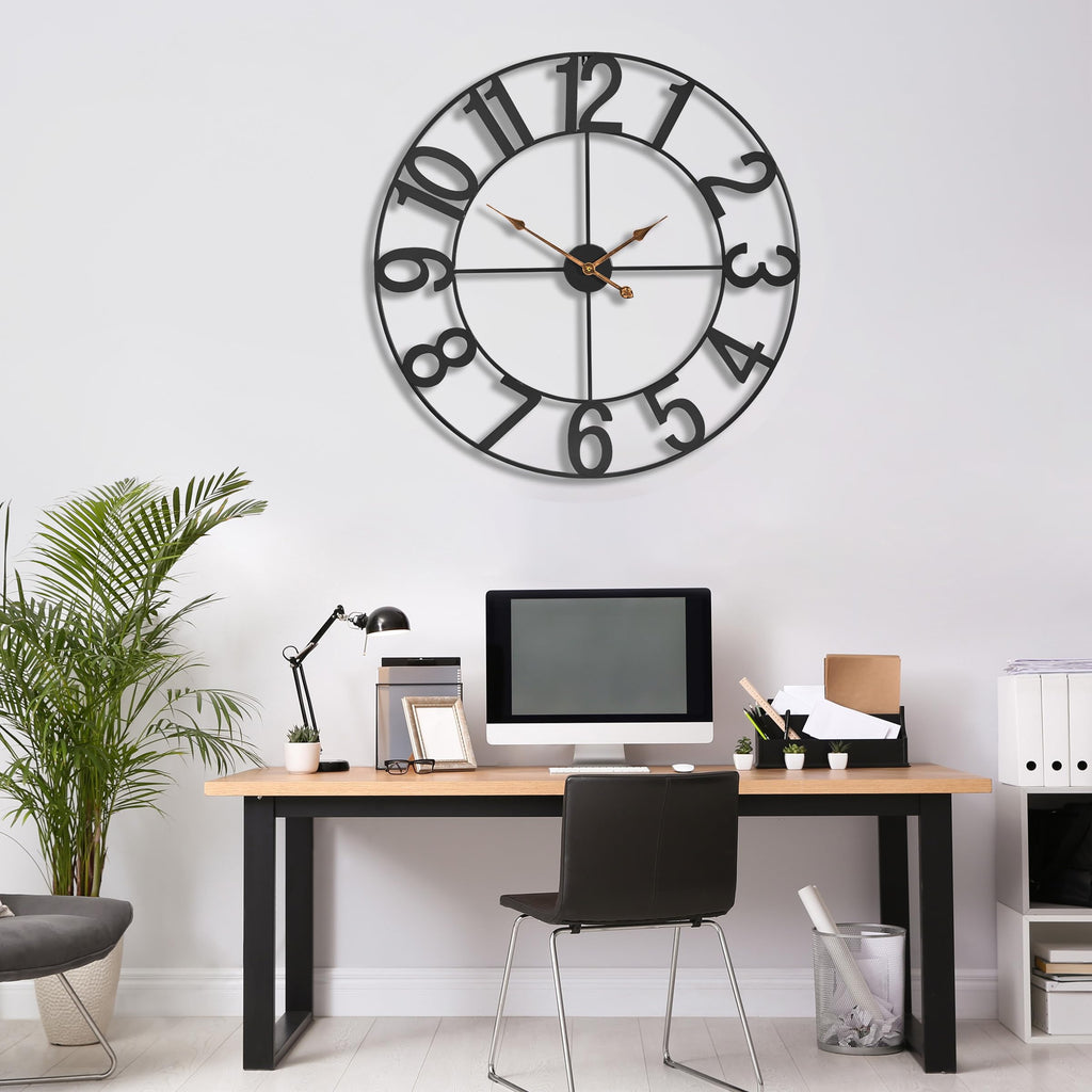 Large Wall Clock, Metal Frame, Battery Powered (32 Inch, Black)