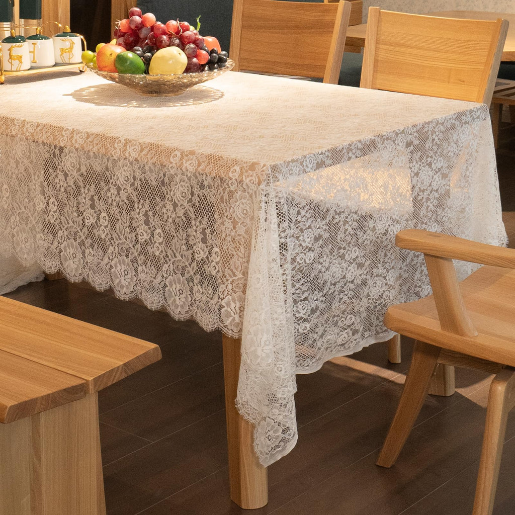 White Lace Tablecloth 60"x120" - Vintage Boho Rectangle Overlay for Rustic Weddings, Bridal Showers, and Stylish