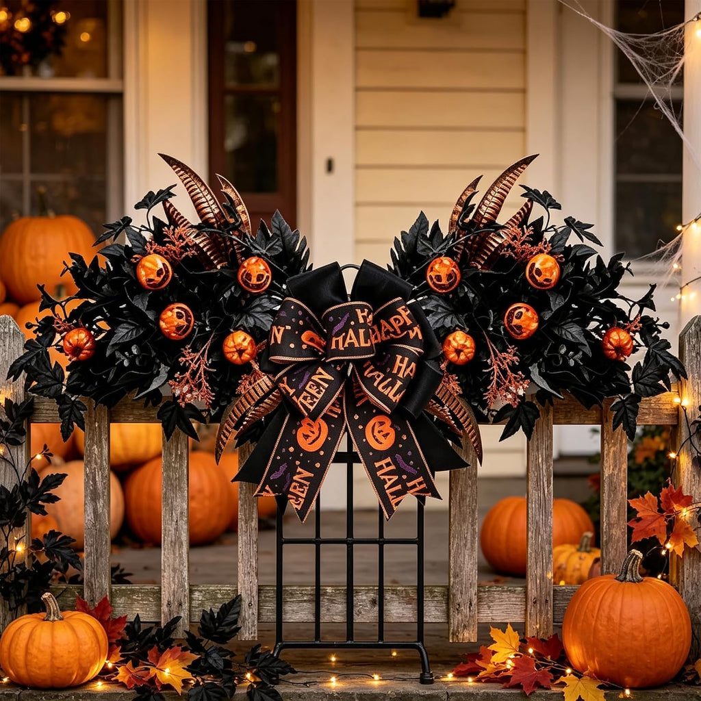 Halloween Front Door Swag Weath with LED Artificial Gothic Black Maple Glitter Evil Pumpkin Teardrop Swag