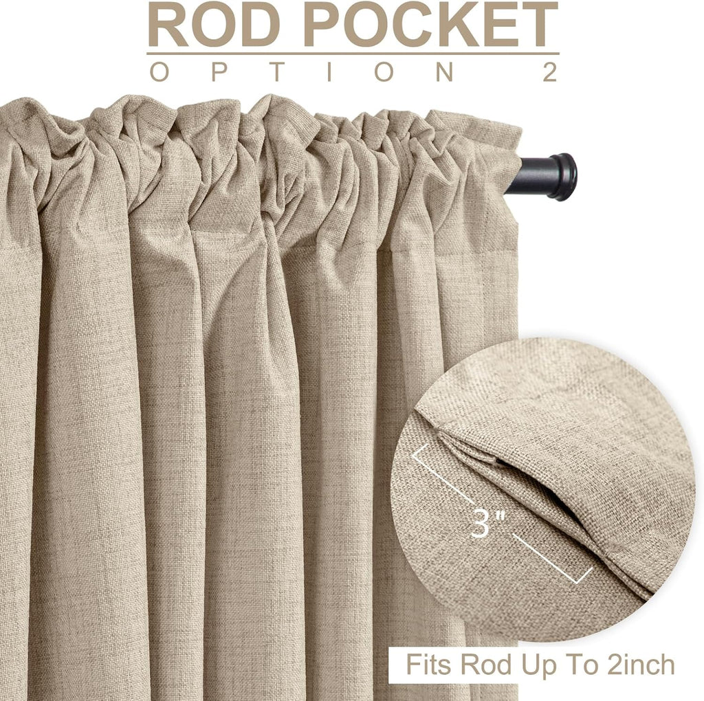 Linen Blackout Curtains for Bedroom 96 Inches Long, Back Tab/Rod Pocket Living Room Drapes, Thermal Insulated