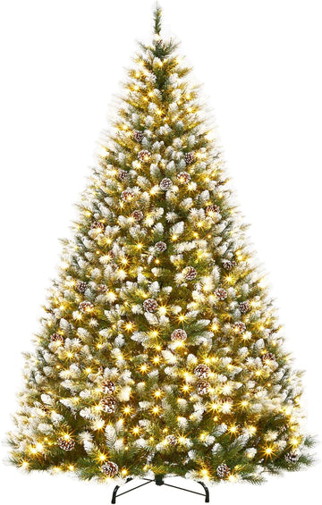 Pre-Lit Artificial Christmas Tree with 900 Warm White LEDs, Mixed Pinecone Decor, Sturdy Metal Base - Green