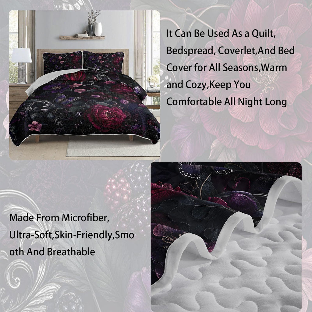 King 3-Piece Quilt Set, Gothic Burgundy Rose Botanical Bedspread, Soft Lightweight Microfiber Coverlet with 2 Pillow