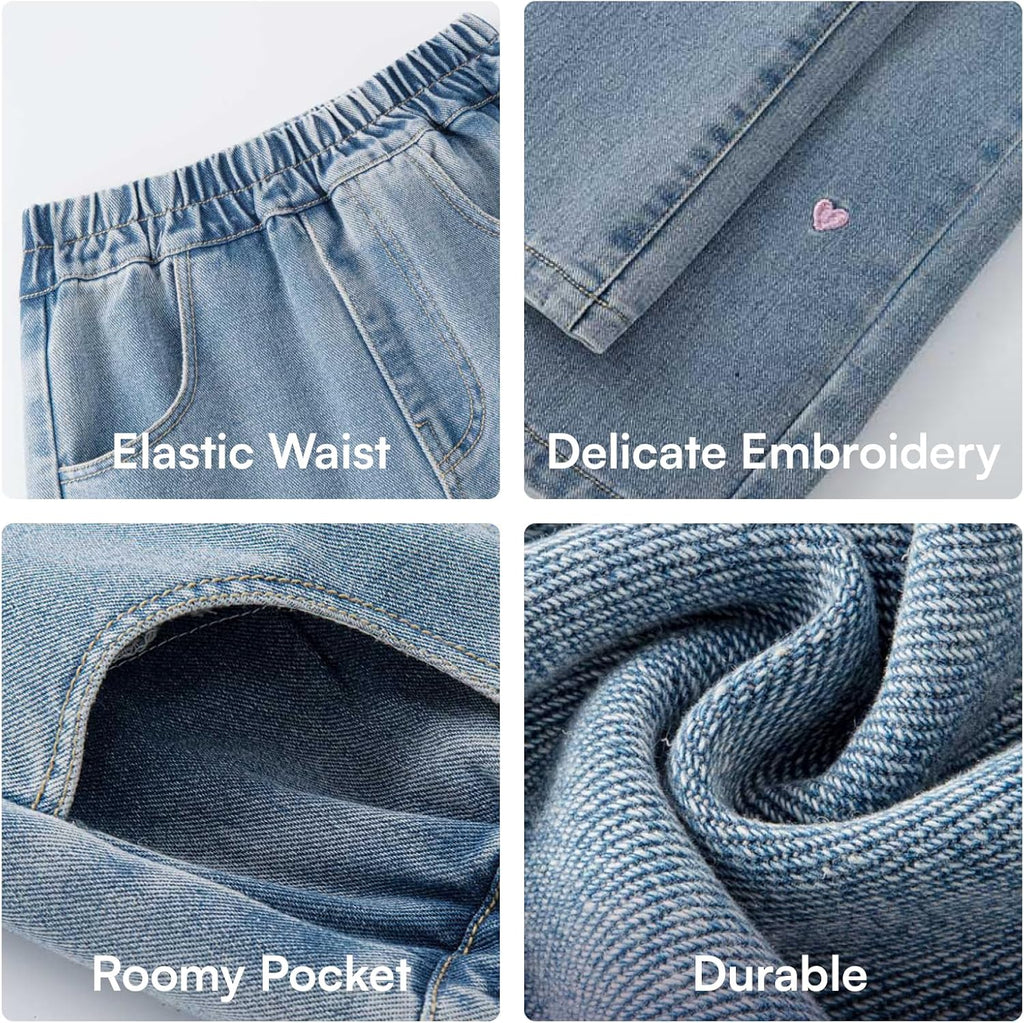 Girls Jeans Embroidery High Elastic Waist Denim Pants with Pockets Y2K Trendy Tween Streetwear