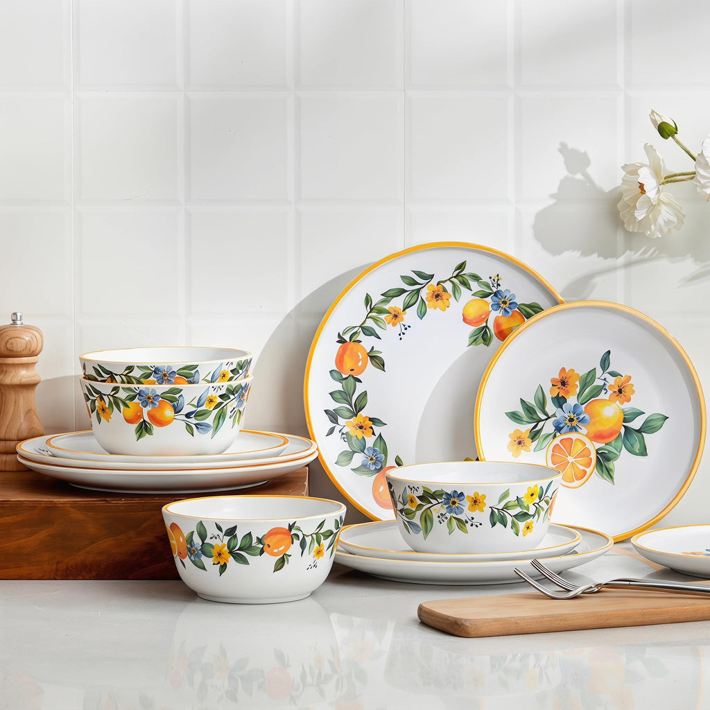 Lemon Dinnerware Set for 4, 12-Piece Melamine Plates and Deep Bowls