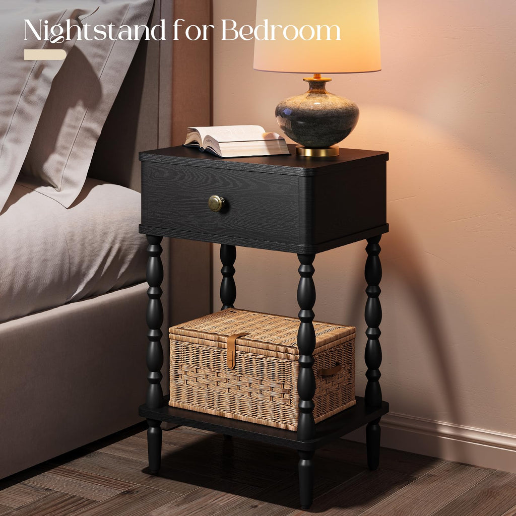 Small Side Table with Drawer - Black Nightstand with Wood Legs