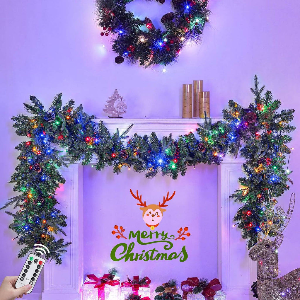 Remote Control &Timer & 8 Modes - 9 Ft by 12 Inch Prelit Christmas Garland Decoration 50 Warm White & Colorful Change