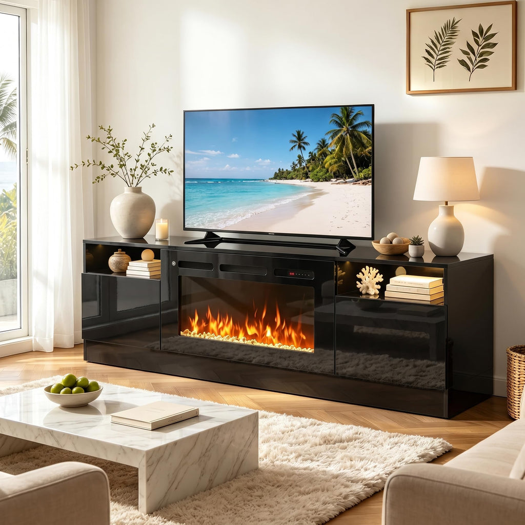 Fireplace TV Stand with 36'' Electric Fireplace Up to 80" TVs, LED Light Entertainment Center, Modern Wood Texture