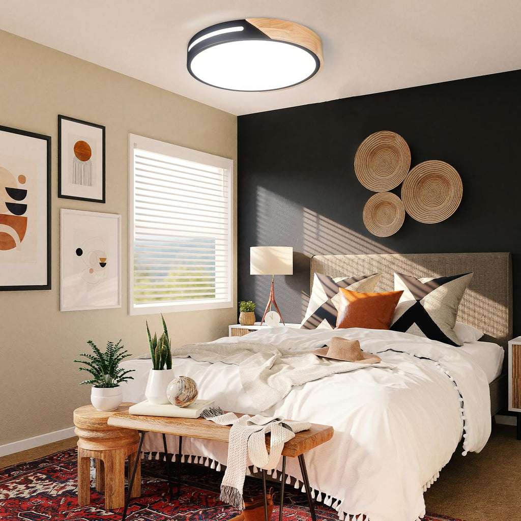 Black and Wood Flush Mount Ceiling Light Fixture Set of 2, Dimmable LED Ceiling Light Black, Modern Light Fixture